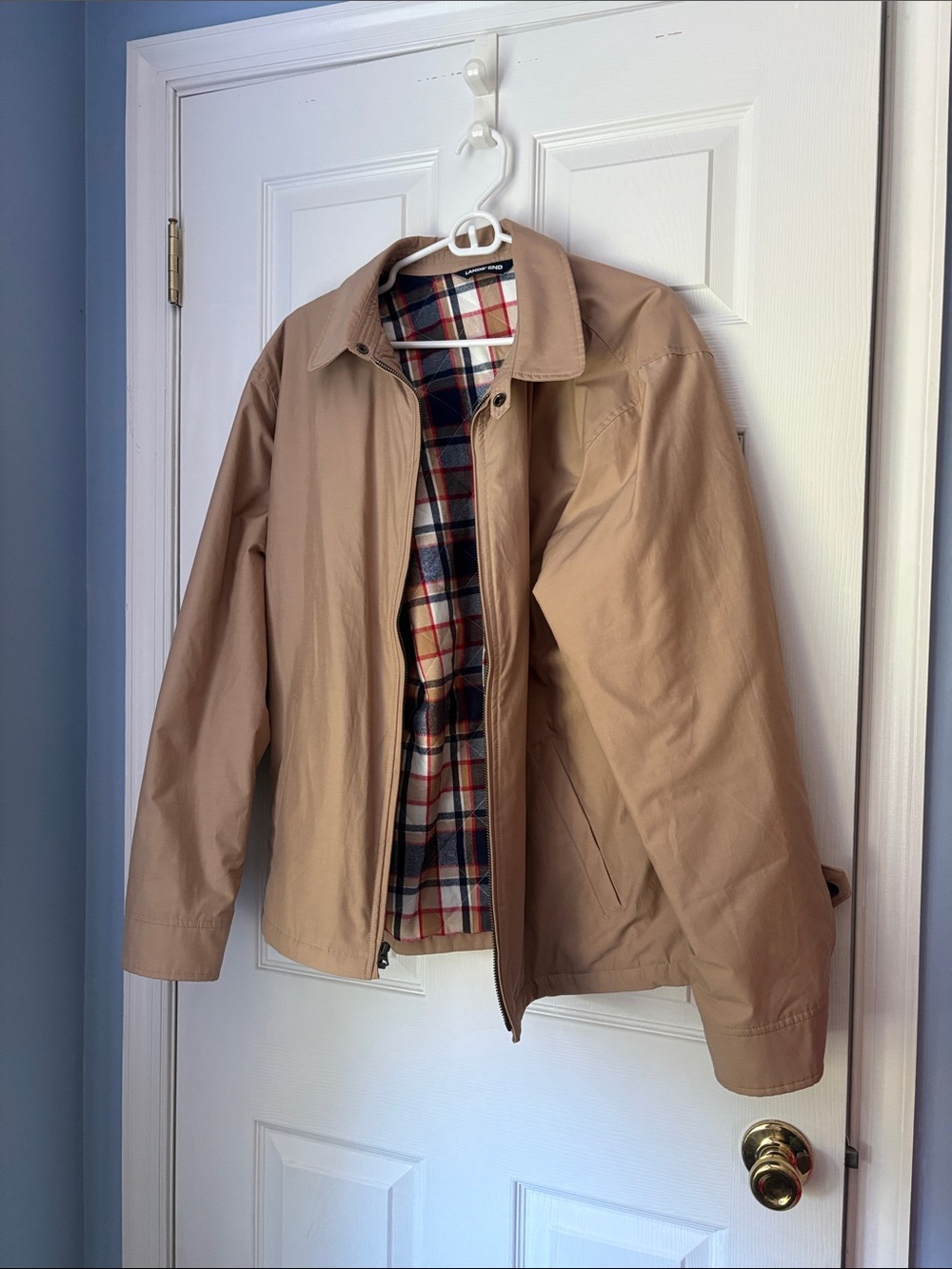 Lands' End Men's Tan Lightweight Jacket with Plaid Lining
